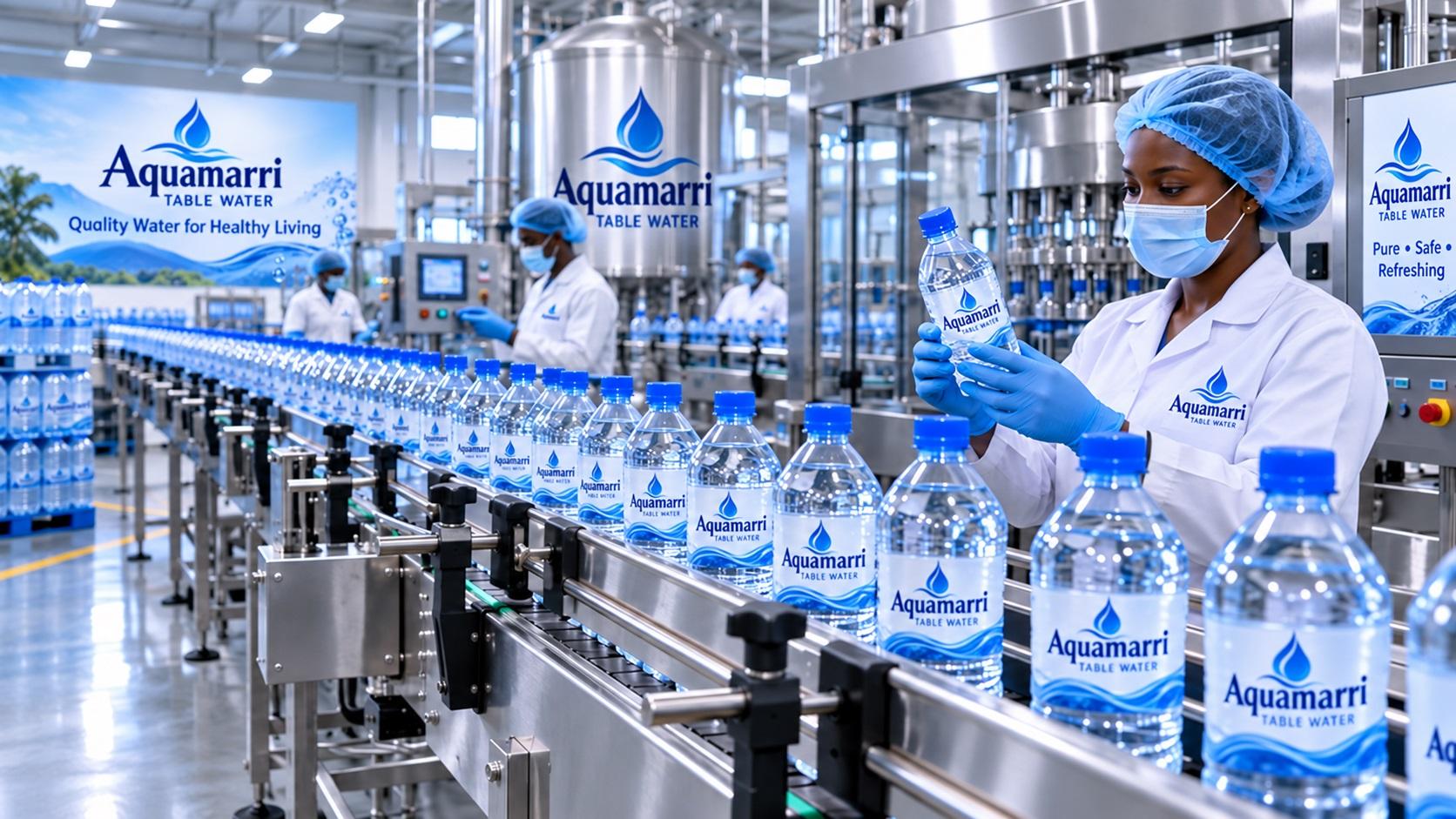 Aquamarri-branded bottled water production and quality-control scene