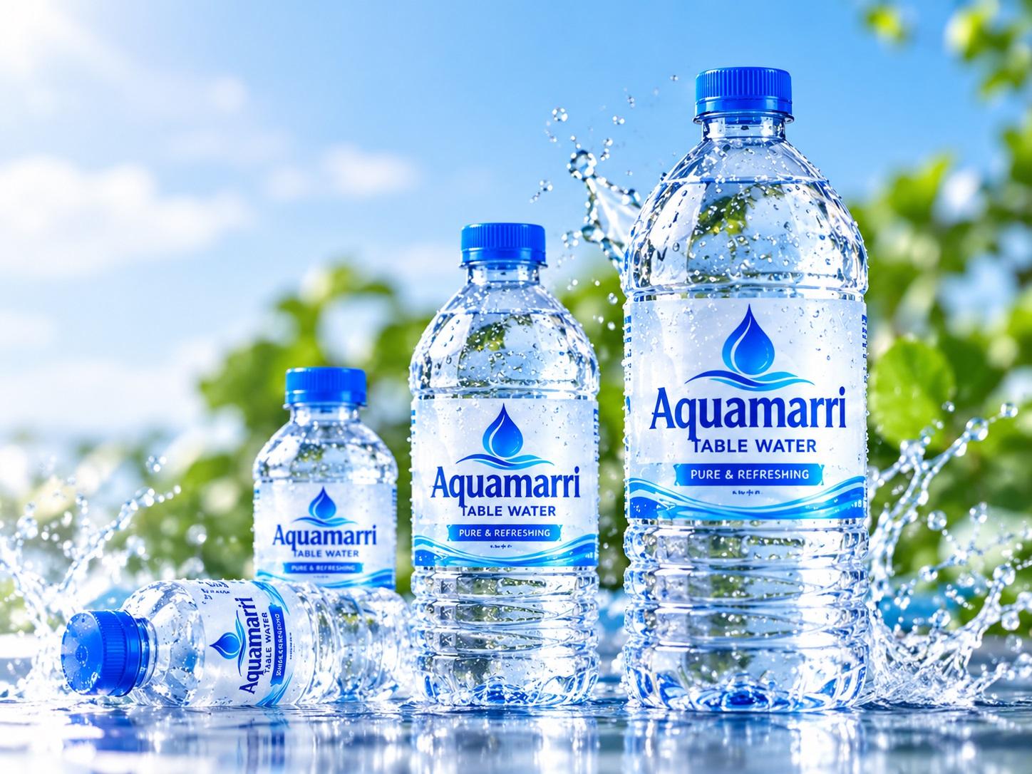 Aquamarri bottled water surrounded by splashing water